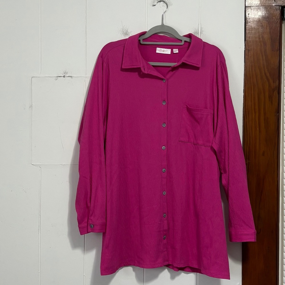 Belle‎ Kim Gravel Pink Gauze Button Front Long Sleeve Tunic Top Plus Size 1X